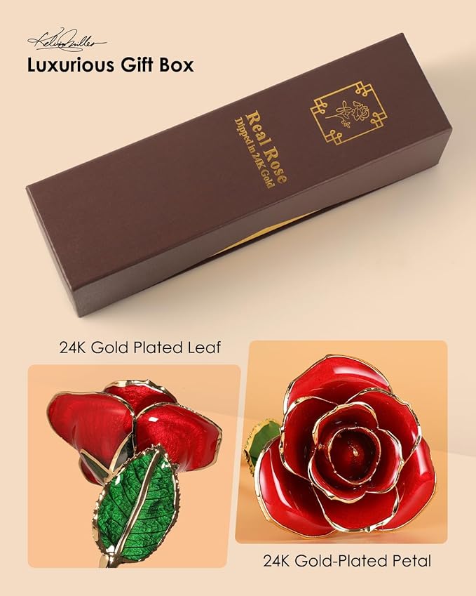 Gold Dipped Rose - Hand-Dipped Real 24K Gold Rose - Genuine One of a Kind - Eternal Romantic Present for Her - Perfect for Valentines, Mother's Day, Anniversary, Birthday (Red)
